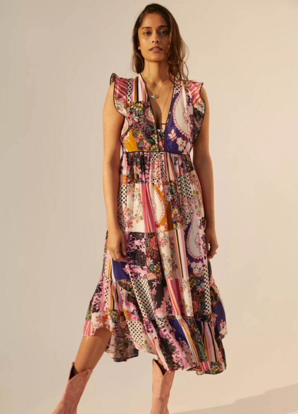 Anthropologie Ruffle Patchwork Midi Dress size 8